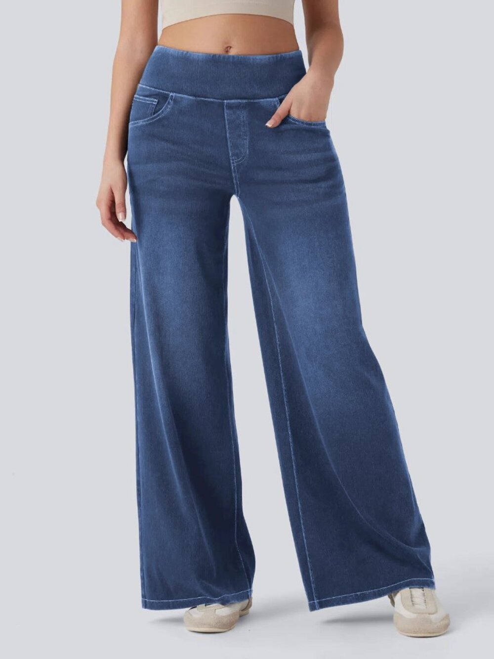Women’s High Waist Wide Leg Jeans XL – Knitted Denim Casual Pants
